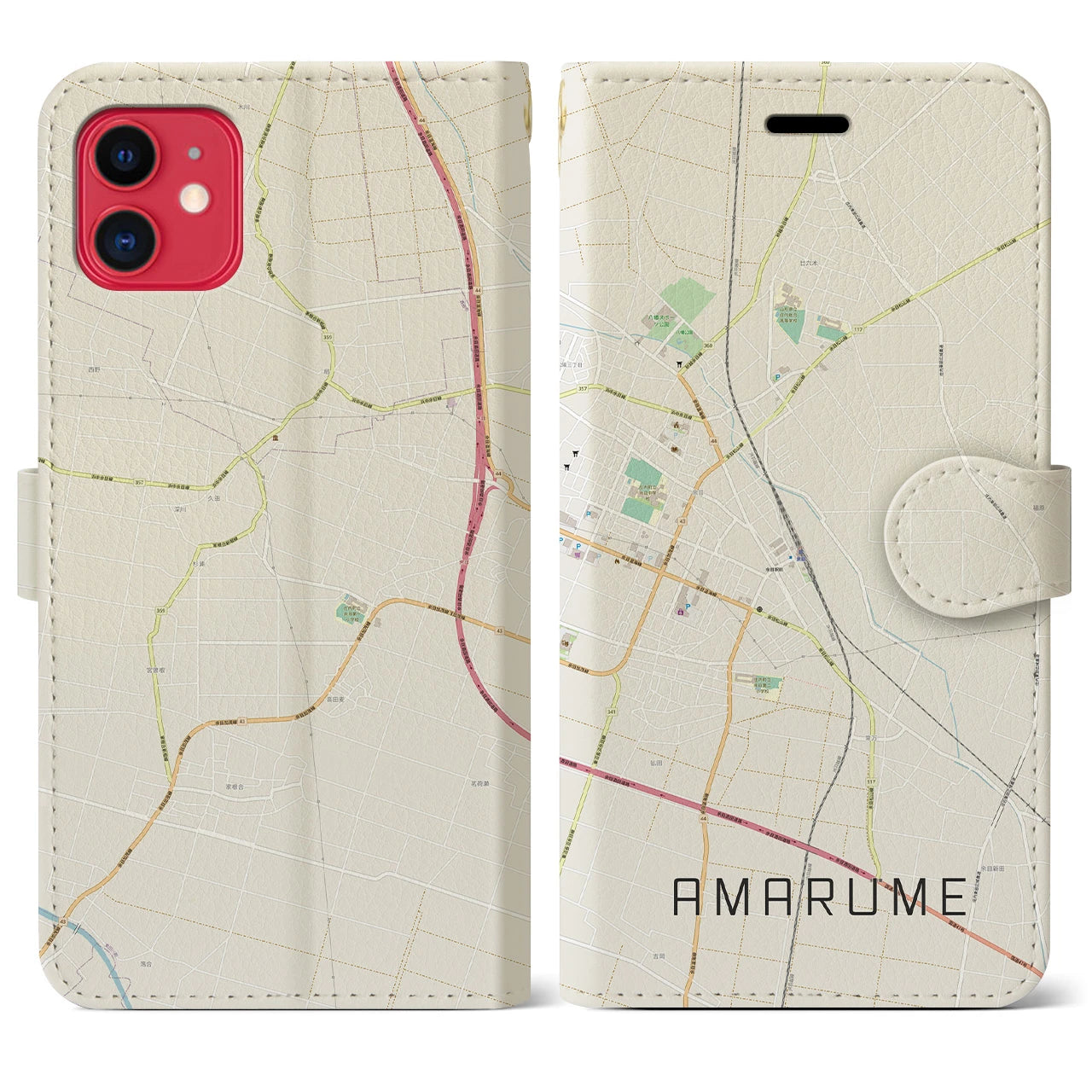 【余目(山形県)】地図柄iPhoneケース(手帳タイプ)ナチュラル・iPhone 11 用