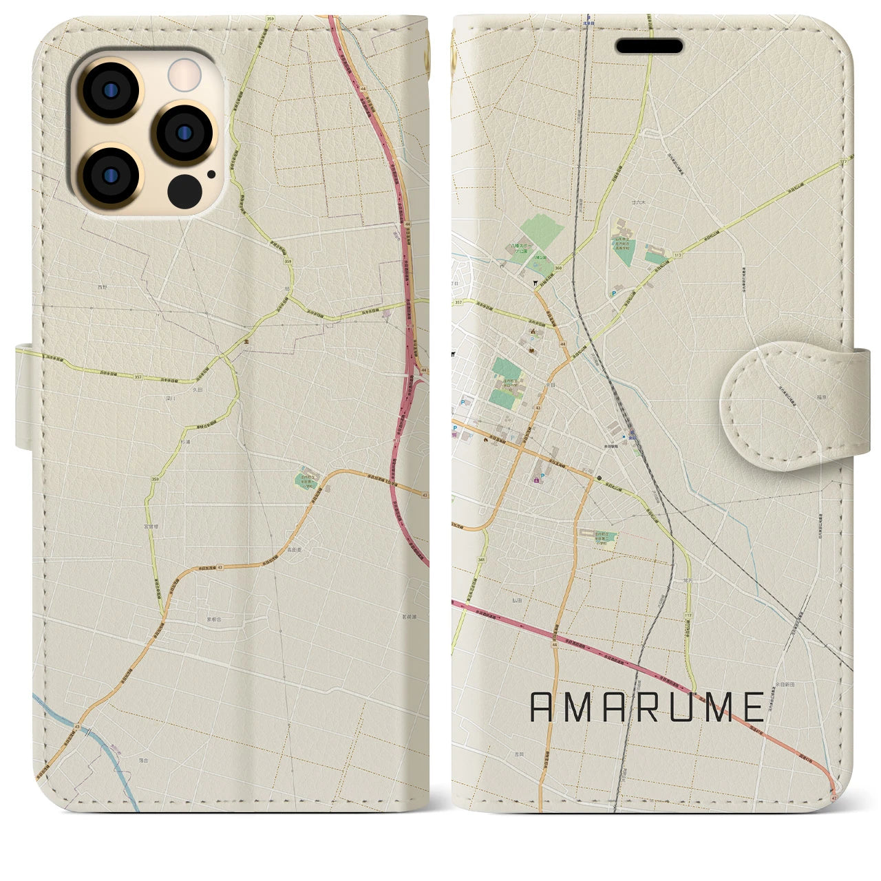 【余目(山形県)】地図柄iPhoneケース(手帳タイプ)ナチュラル・iPhone 12 Pro Max 用