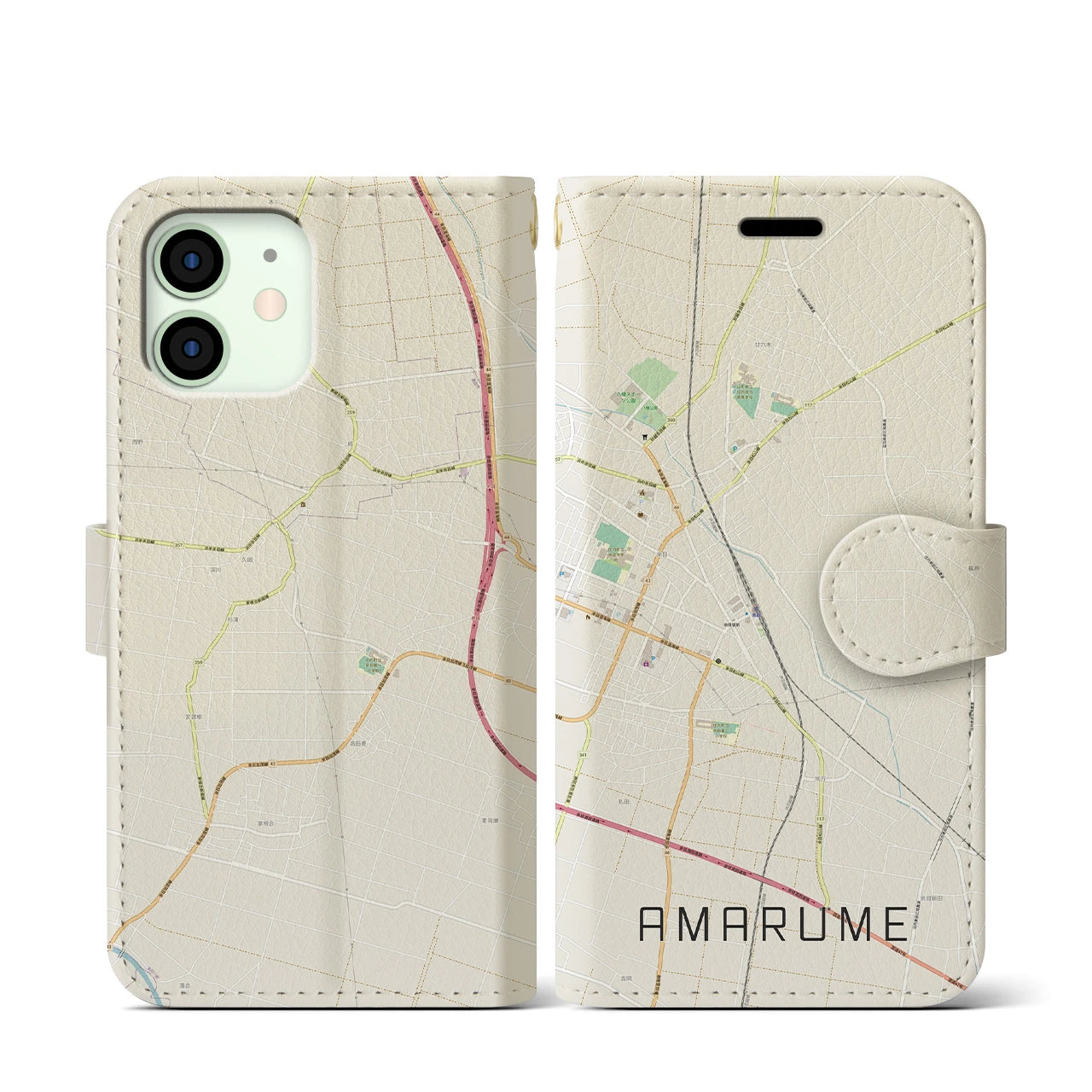 【余目(山形県)】地図柄iPhoneケース(手帳タイプ)ナチュラル・iPhone 12 mini 用