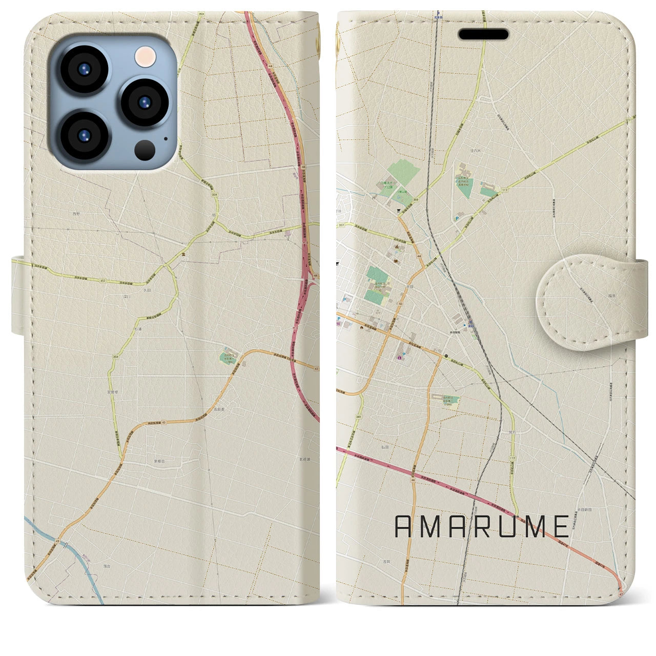 【余目(山形県)】地図柄iPhoneケース(手帳タイプ)ナチュラル・iPhone 13 Pro Max 用