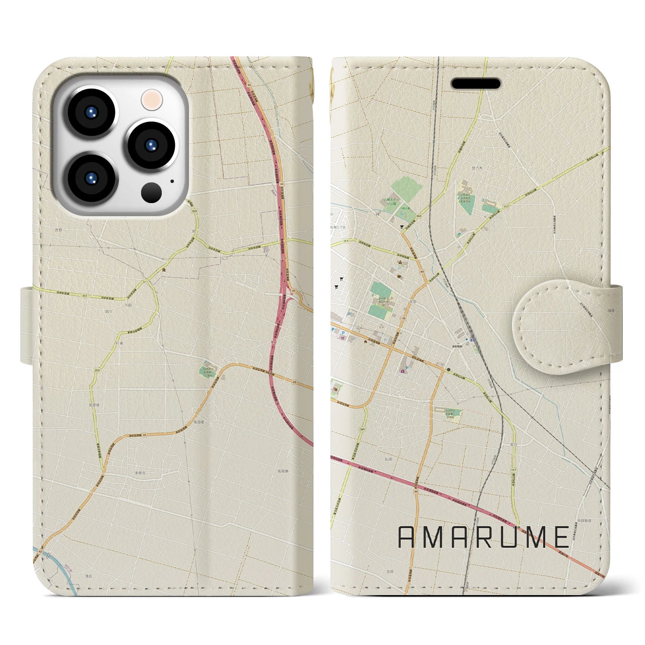 【余目(山形県)】地図柄iPhoneケース(手帳タイプ)ナチュラル・iPhone 13 Pro 用