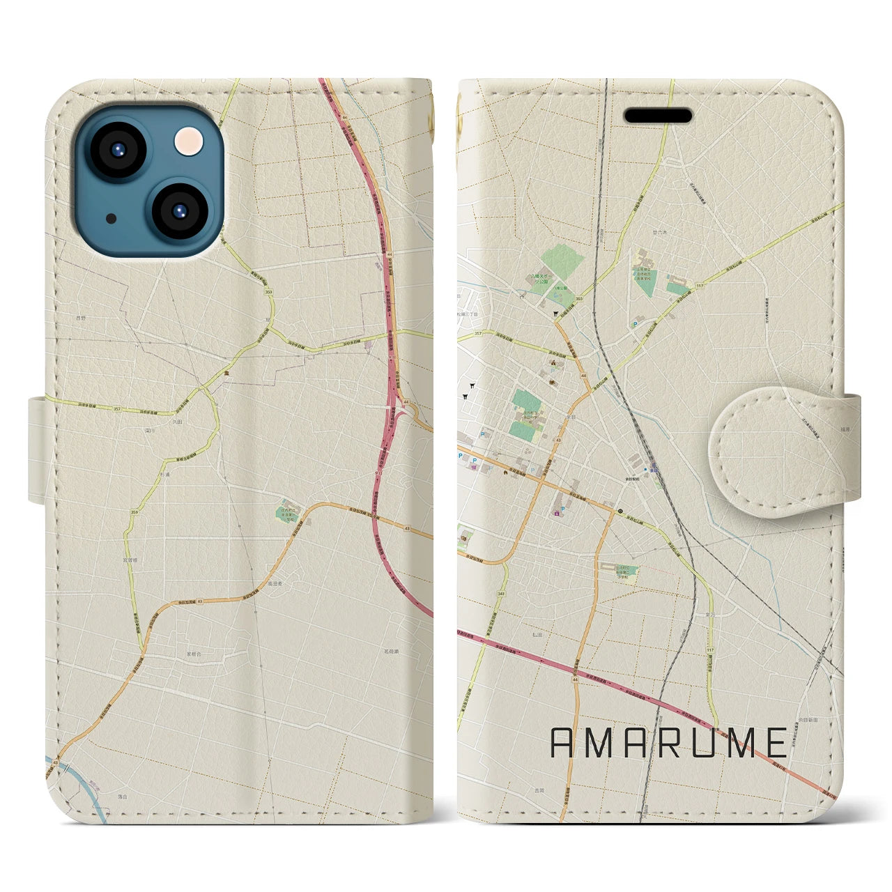 【余目(山形県)】地図柄iPhoneケース(手帳タイプ)ナチュラル・iPhone 13 用