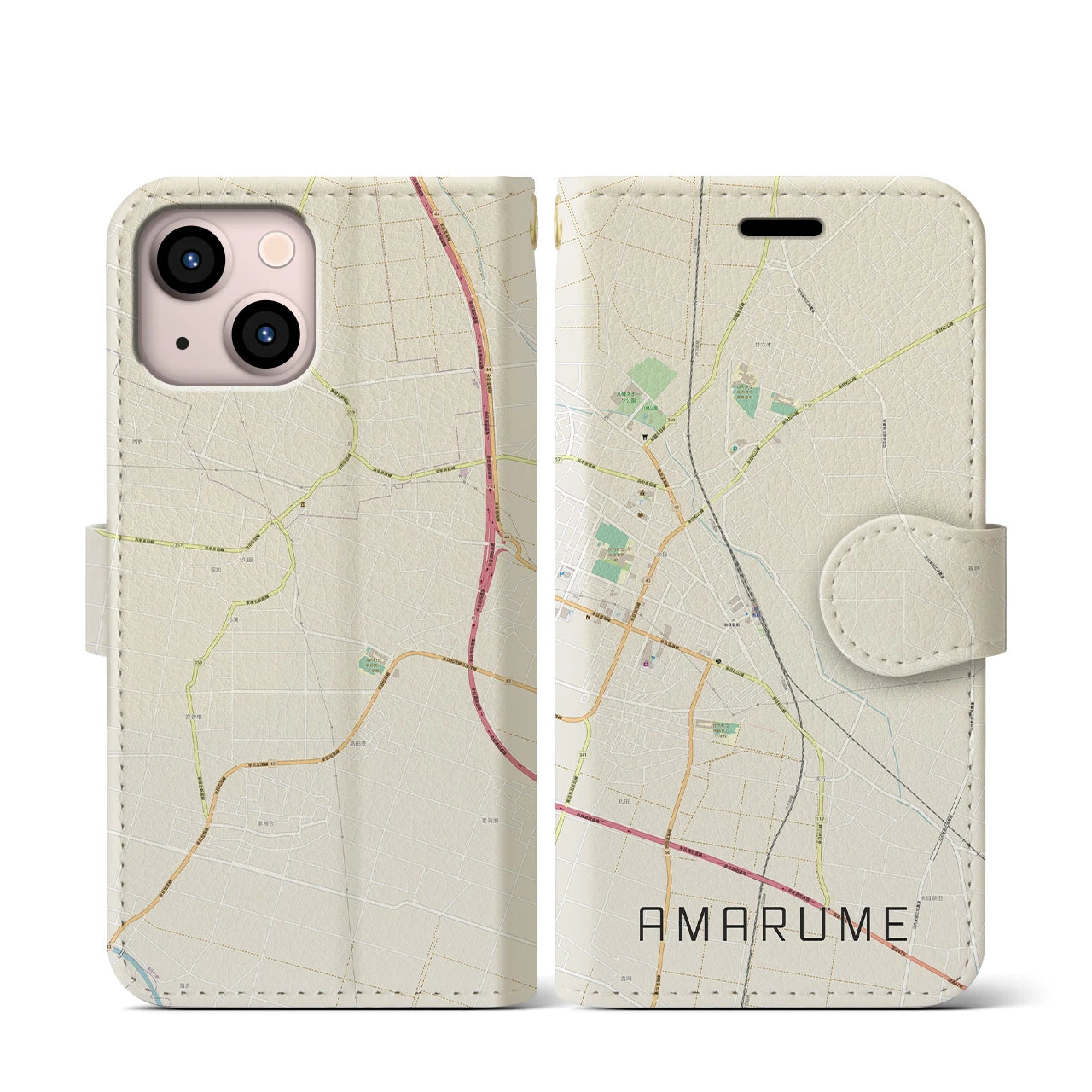 【余目(山形県)】地図柄iPhoneケース(手帳タイプ)ナチュラル・iPhone 13 mini 用