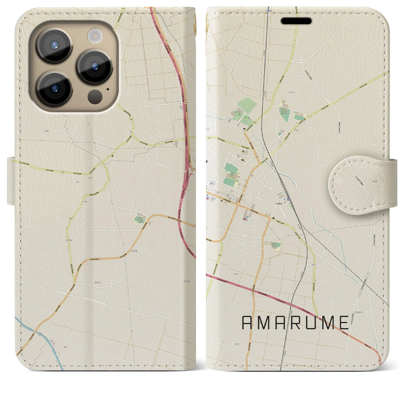 【余目(山形県)】地図柄iPhoneケース(手帳タイプ)ナチュラル・iPhone 14 Pro Max 用