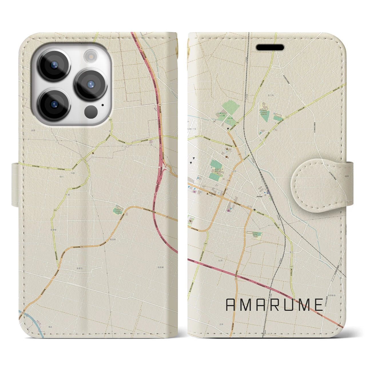 【余目(山形県)】地図柄iPhoneケース(手帳タイプ)ナチュラル・iPhone 14 Pro 用