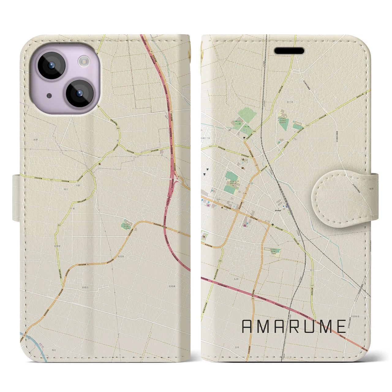 【余目(山形県)】地図柄iPhoneケース(手帳タイプ)ナチュラル・iPhone 14 用