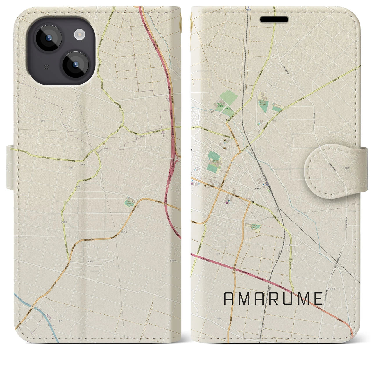 【余目(山形県)】地図柄iPhoneケース(手帳タイプ)ナチュラル・iPhone 14 Plus 用