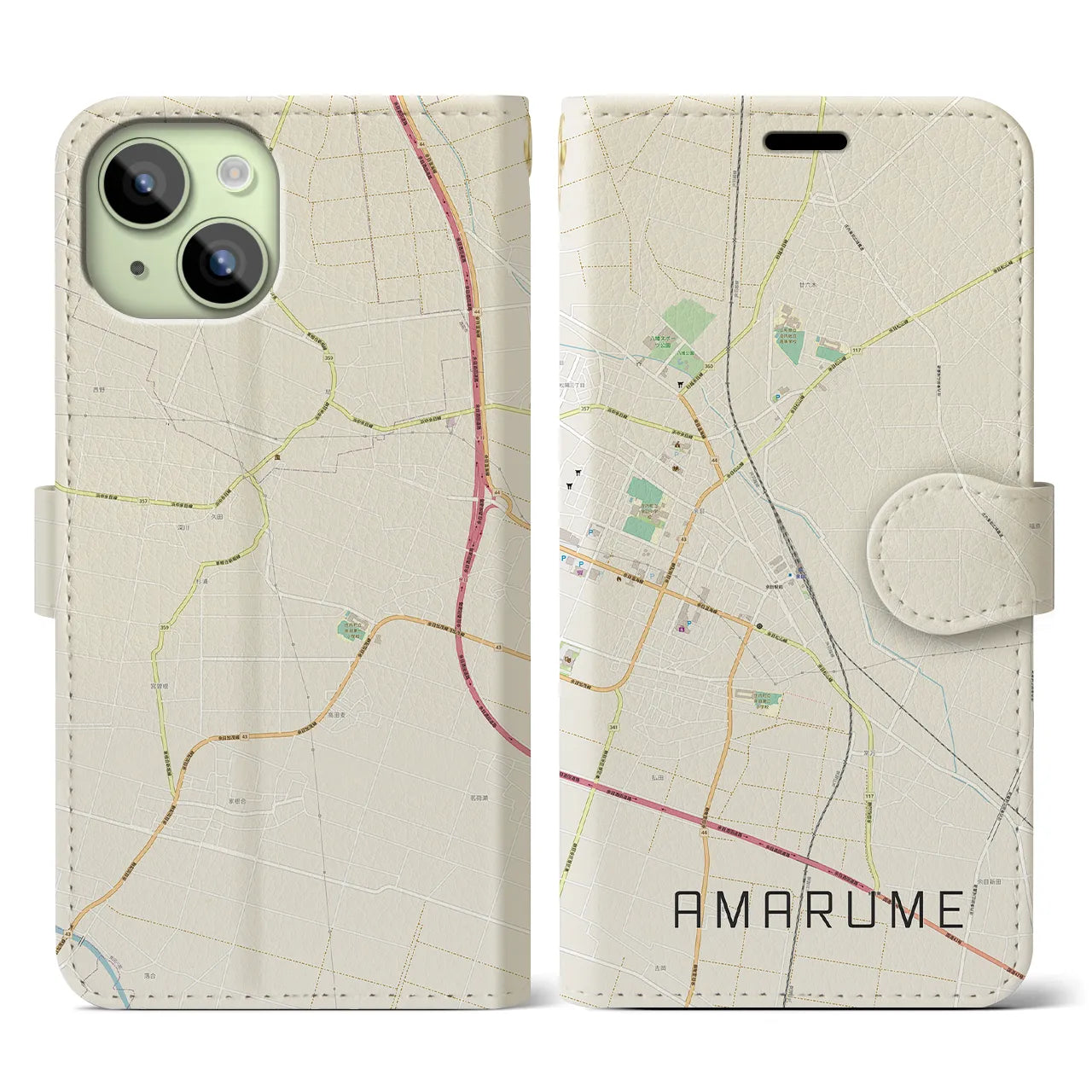 【余目(山形県)】地図柄iPhoneケース(手帳タイプ)ナチュラル・iPhone 15 用