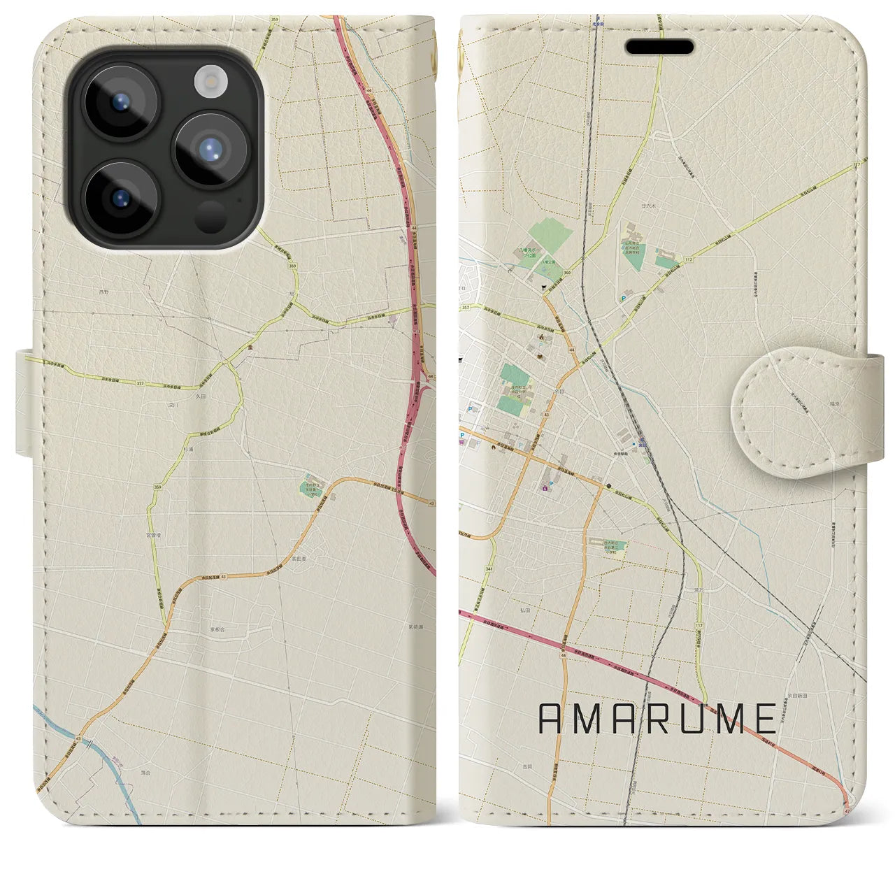 【余目(山形県)】地図柄iPhoneケース(手帳タイプ)ナチュラル・iPhone 15 Pro Max 用