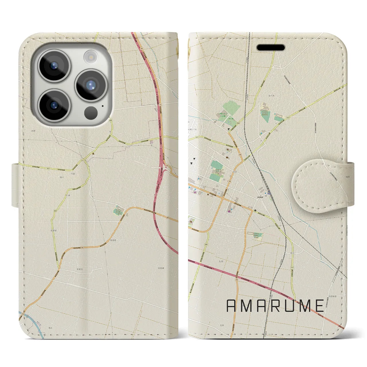 【余目(山形県)】地図柄iPhoneケース(手帳タイプ)ナチュラル・iPhone 15 Pro 用