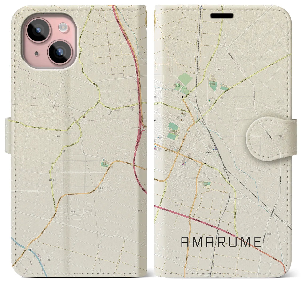【余目(山形県)】地図柄iPhoneケース(手帳タイプ)ナチュラル・iPhone 15 Plus 用