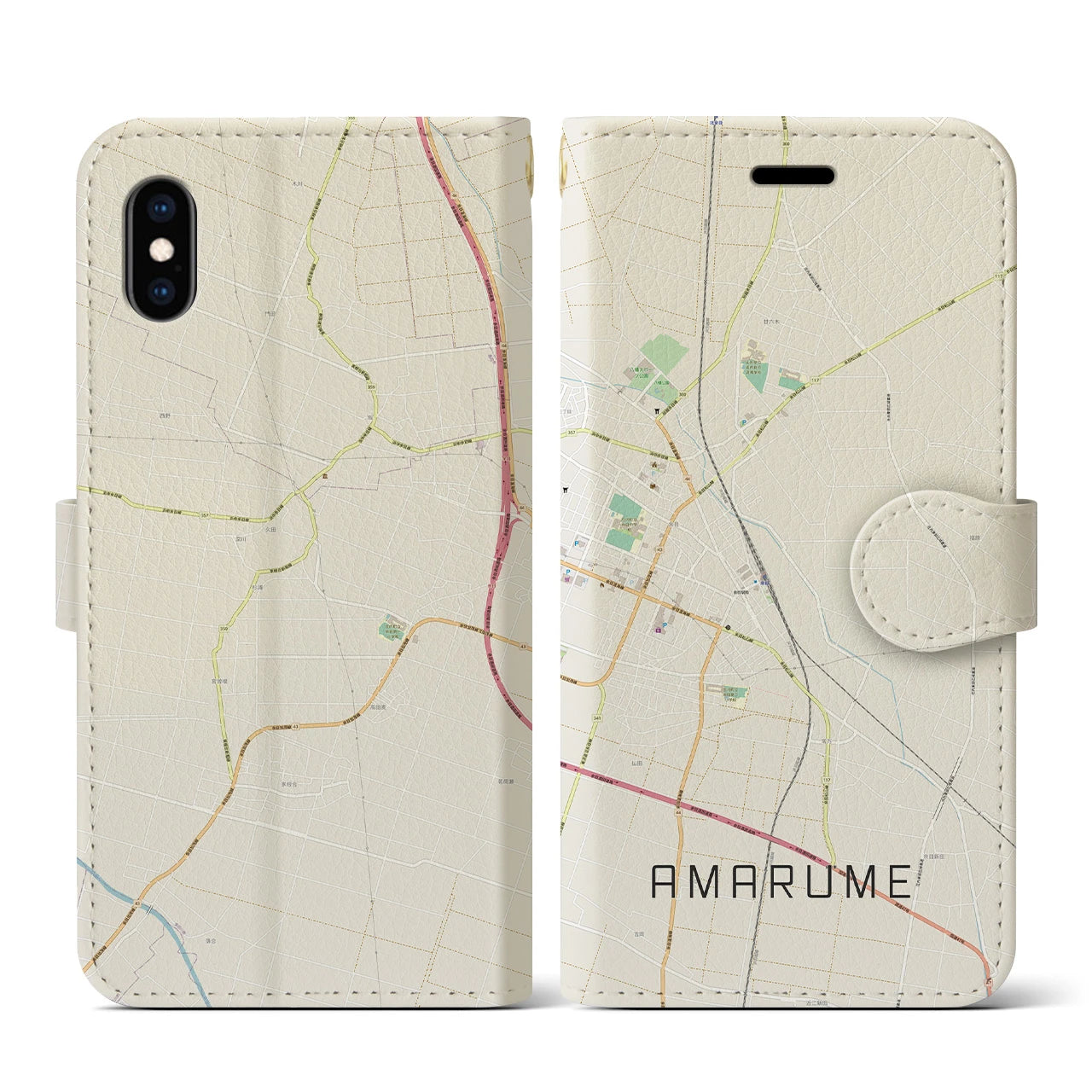 【余目(山形県)】地図柄iPhoneケース(手帳タイプ)ナチュラル・iPhone XS / X 用