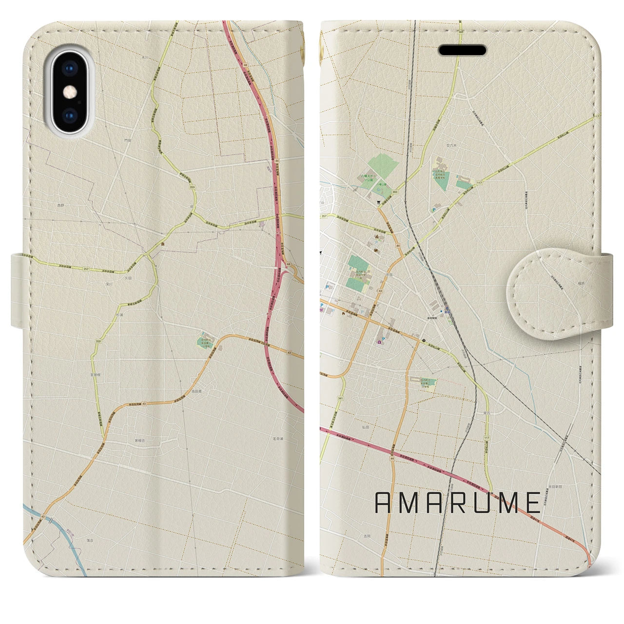 【余目(山形県)】地図柄iPhoneケース(手帳タイプ)ナチュラル・iPhone XS Max 用