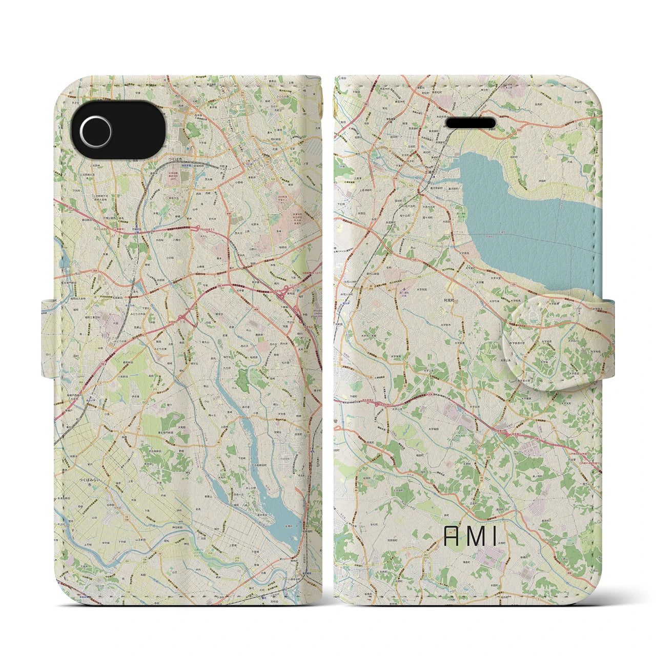 【阿見(茨城県)】地図柄iPhoneケース(手帳タイプ)ナチュラル・iPhone SE(第3 / 第2世代) / 8 / 7 / 6s / 6 用