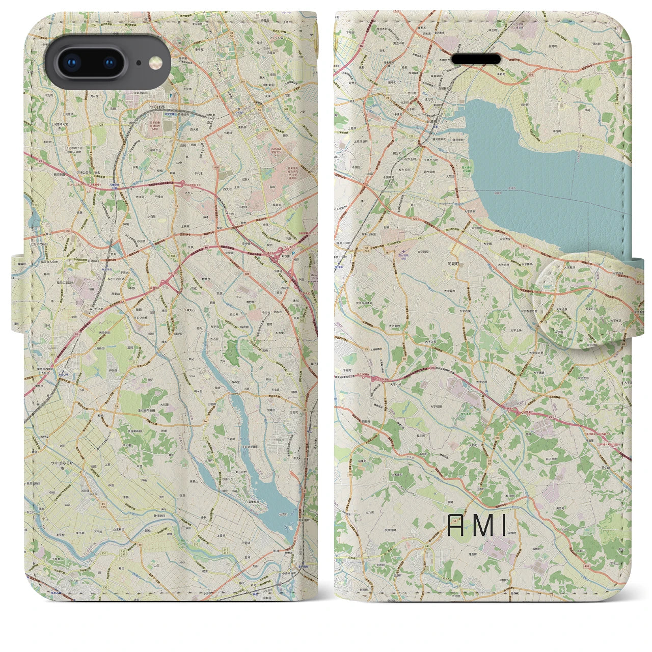 【阿見(茨城県)】地図柄iPhoneケース(手帳タイプ)ナチュラル・iPhone 8Plus /7Plus / 6sPlus / 6Plus 用