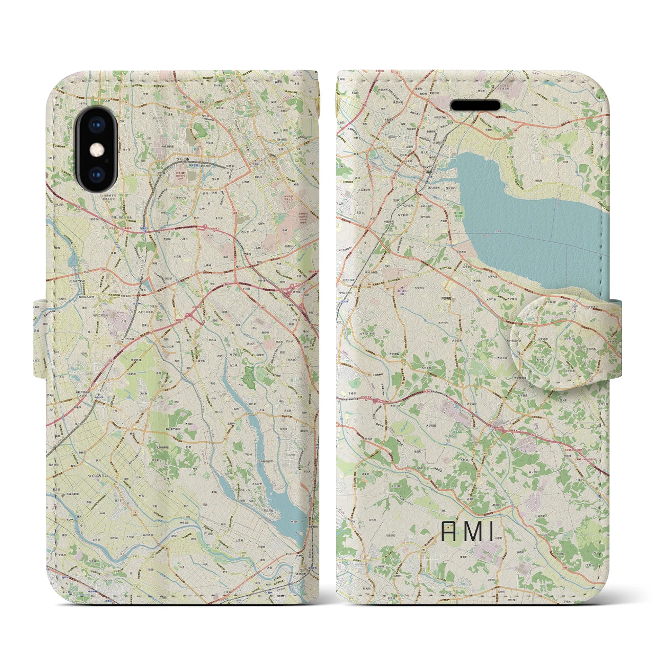 【阿見(茨城県)】地図柄iPhoneケース(手帳タイプ)ナチュラル・iPhone XS / X 用