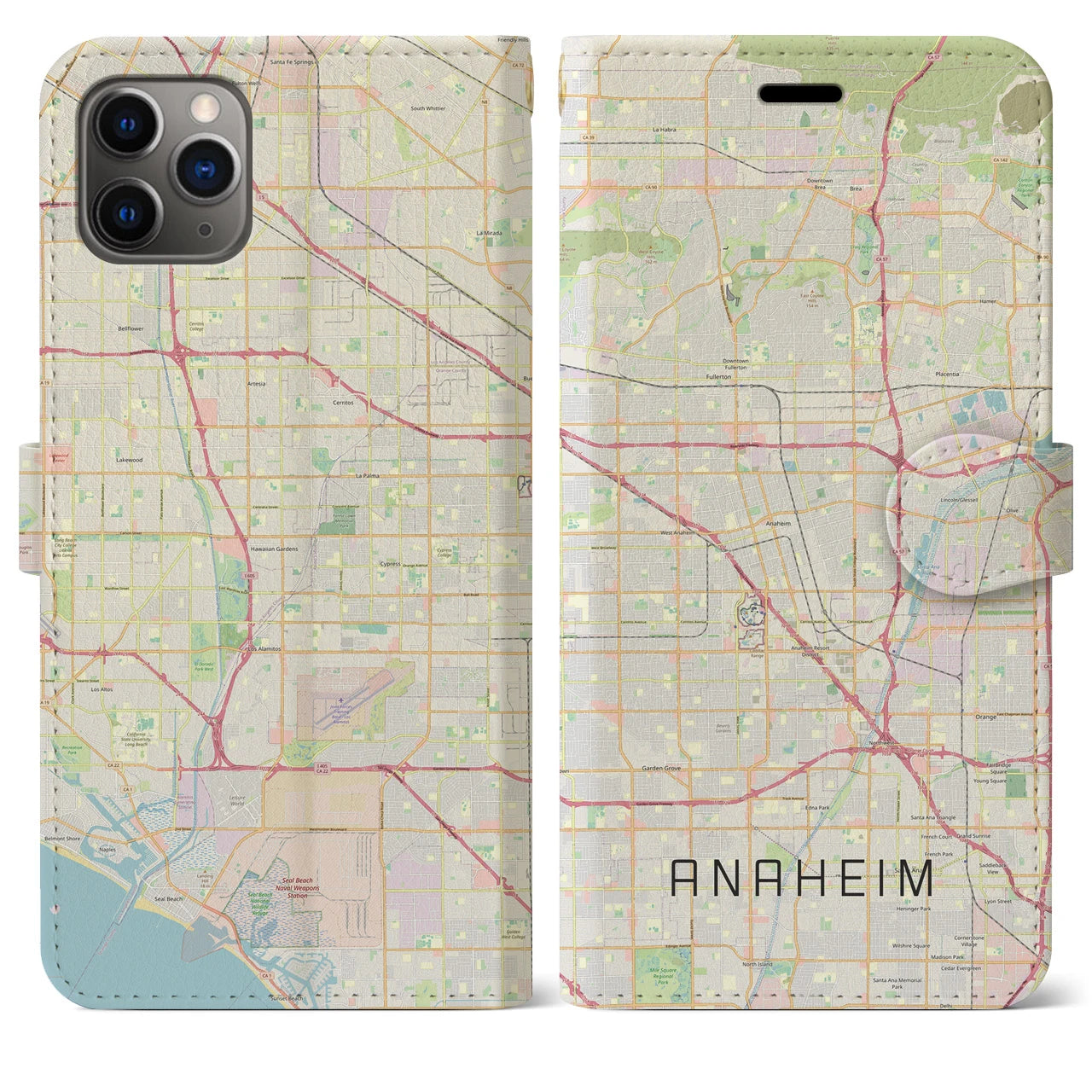 【アナハイム(アメリカ)】地図柄iPhoneケース(手帳タイプ)ナチュラル・iPhone 11 Pro Max 用