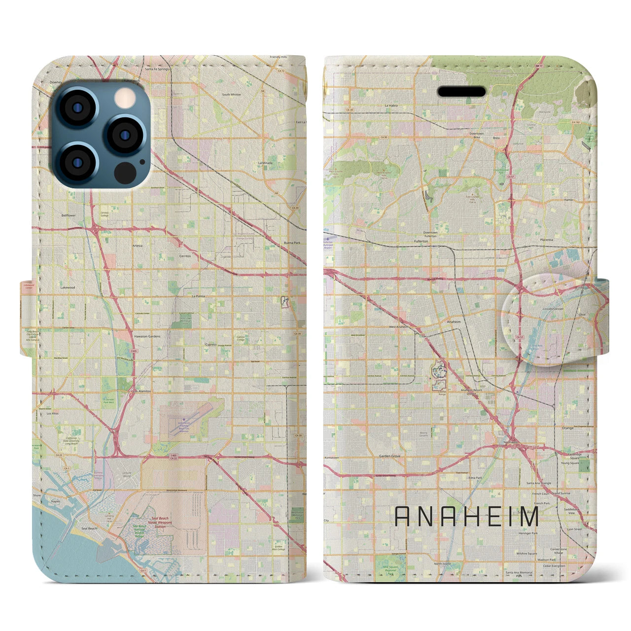 【アナハイム(アメリカ)】地図柄iPhoneケース(手帳タイプ)ナチュラル・iPhone 12 / 12 Pro 用