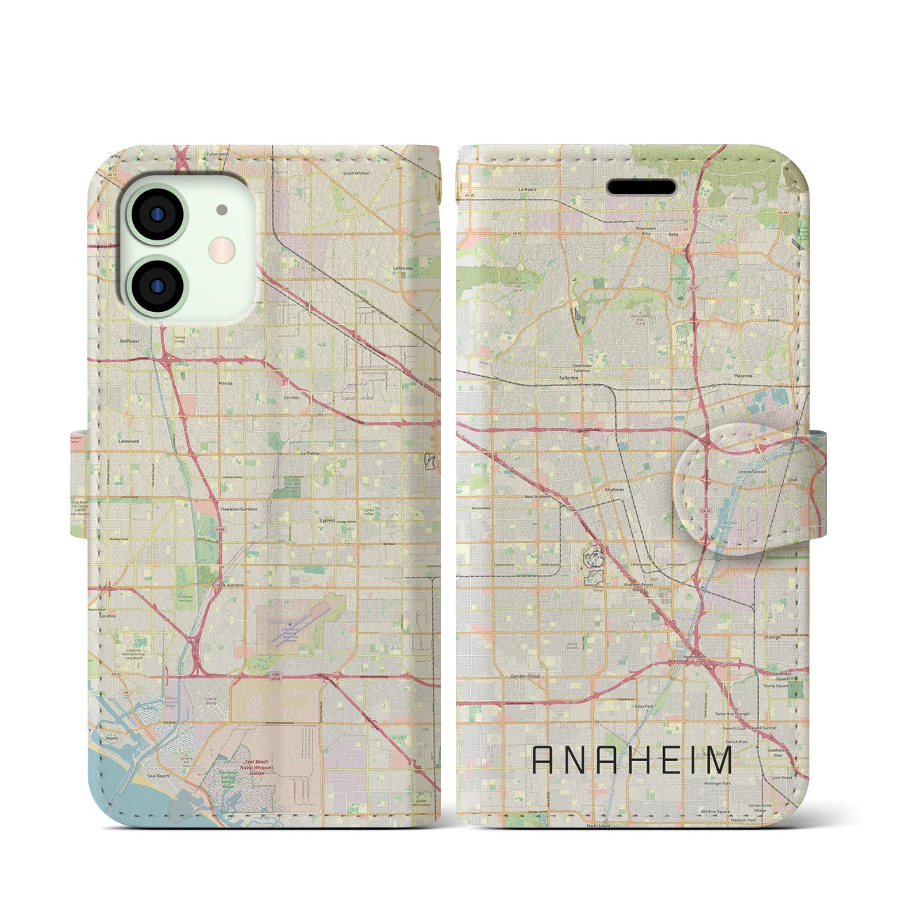 【アナハイム(アメリカ)】地図柄iPhoneケース(手帳タイプ)ナチュラル・iPhone 12 mini 用