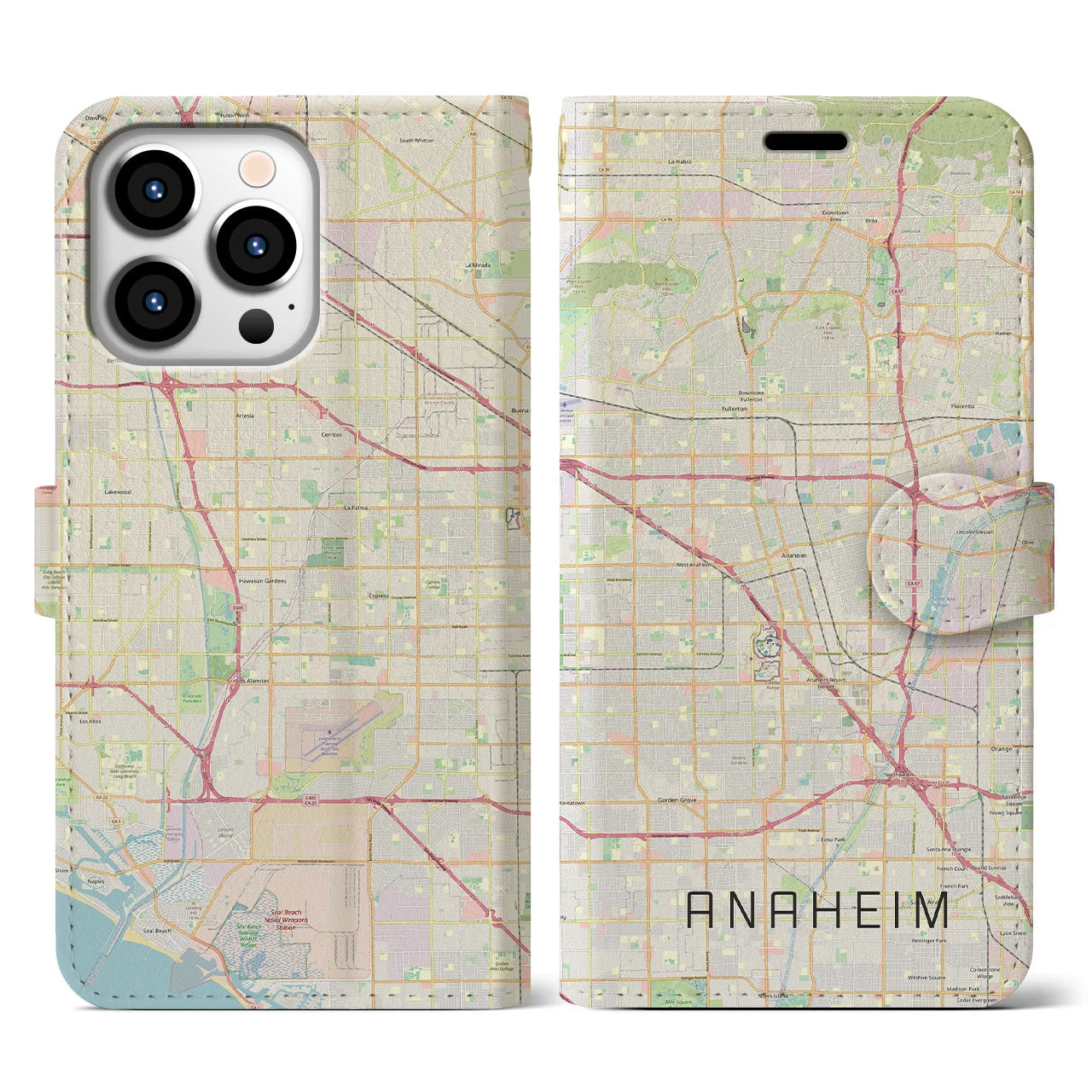 【アナハイム(アメリカ)】地図柄iPhoneケース(手帳タイプ)ナチュラル・iPhone 13 Pro 用