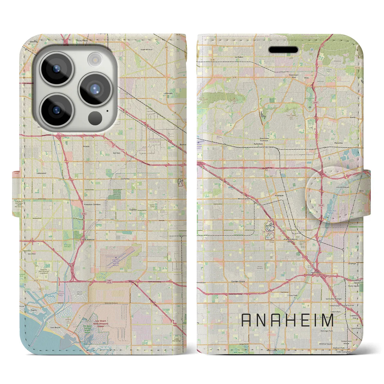 【アナハイム(アメリカ)】地図柄iPhoneケース(手帳タイプ)ナチュラル・iPhone 15 Pro 用