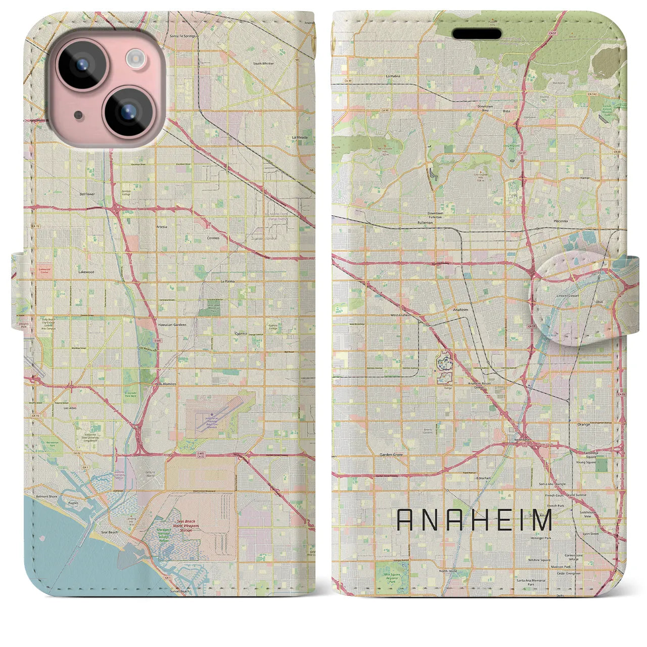 【アナハイム(アメリカ)】地図柄iPhoneケース(手帳タイプ)ナチュラル・iPhone 15 Plus 用