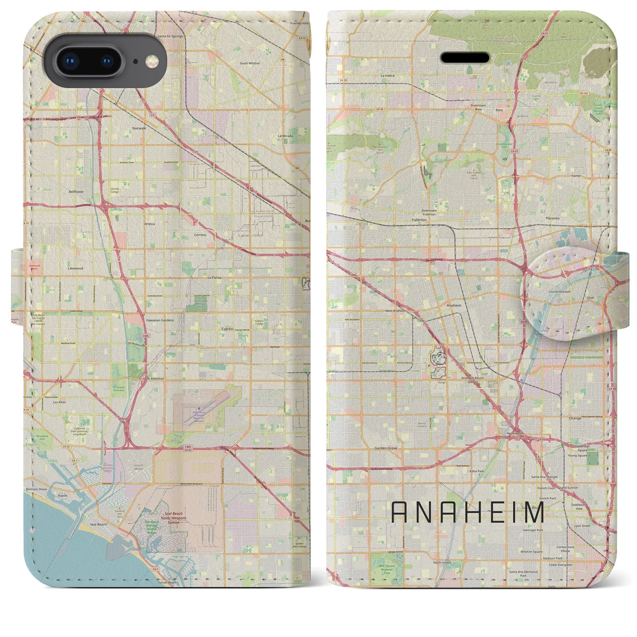 【アナハイム(アメリカ)】地図柄iPhoneケース(手帳タイプ)ナチュラル・iPhone 8Plus /7Plus / 6sPlus / 6Plus 用