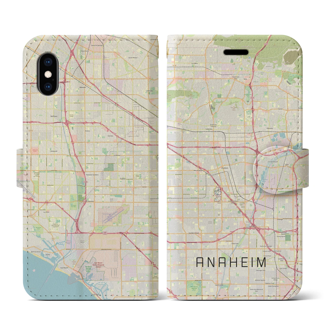 【アナハイム(アメリカ)】地図柄iPhoneケース(手帳タイプ)ナチュラル・iPhone XS / X 用