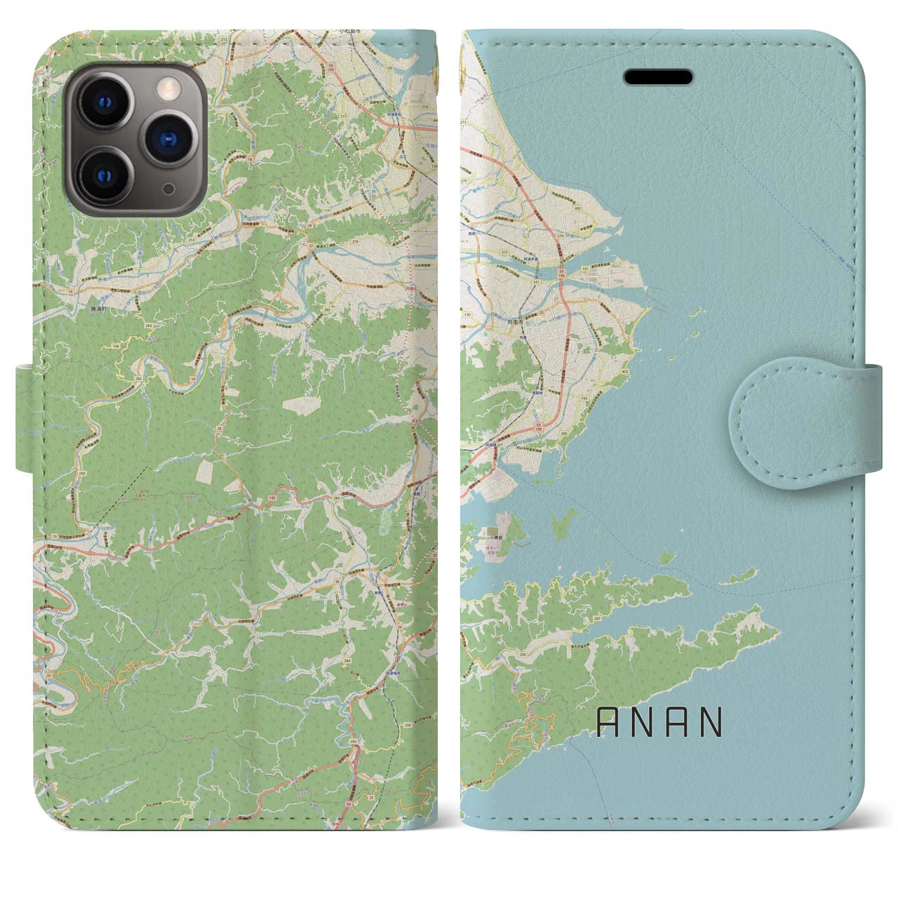 【阿南(徳島県)】地図柄iPhoneケース(手帳タイプ)ナチュラル・iPhone 11 Pro Max 用