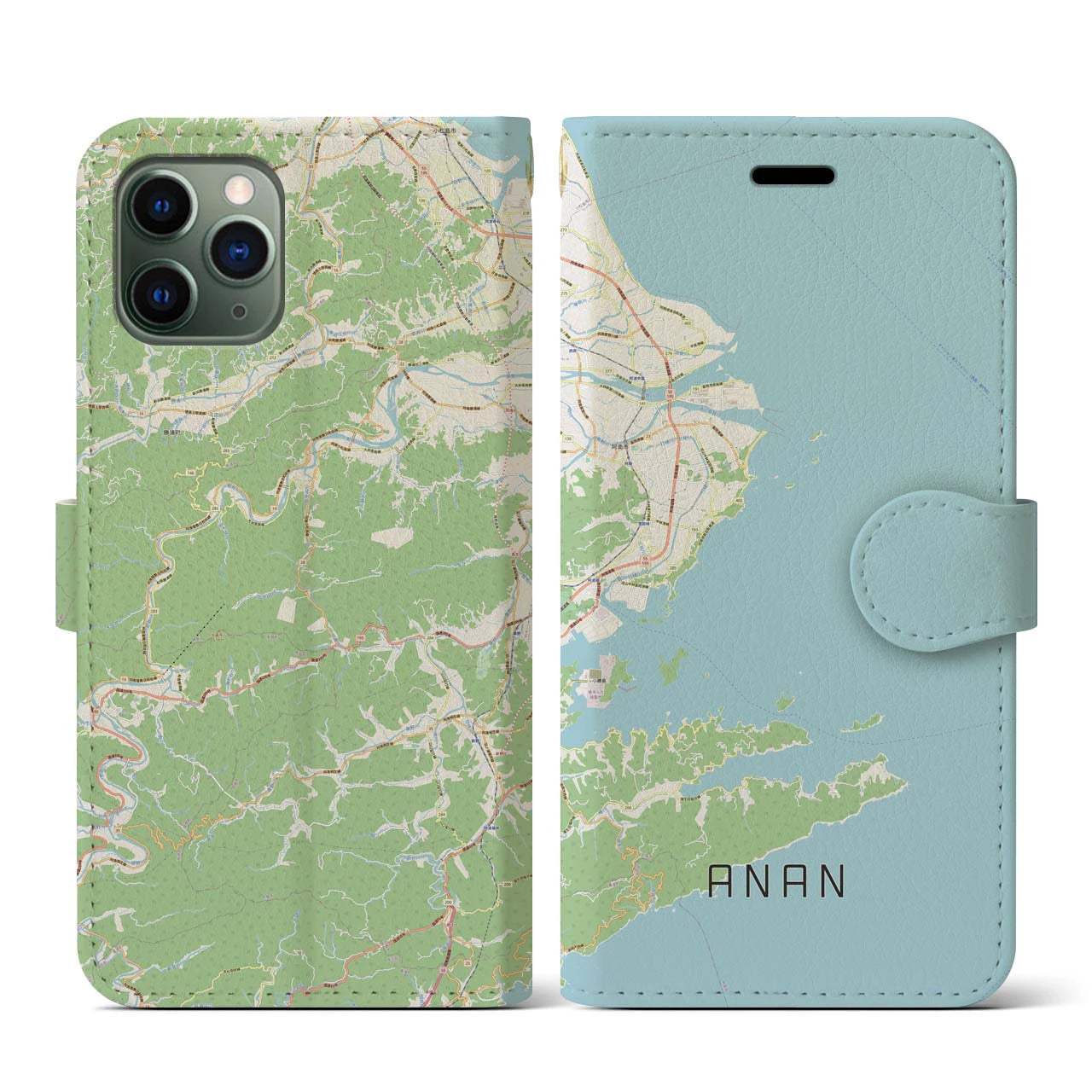 【阿南(徳島県)】地図柄iPhoneケース(手帳タイプ)ナチュラル・iPhone 11 Pro 用