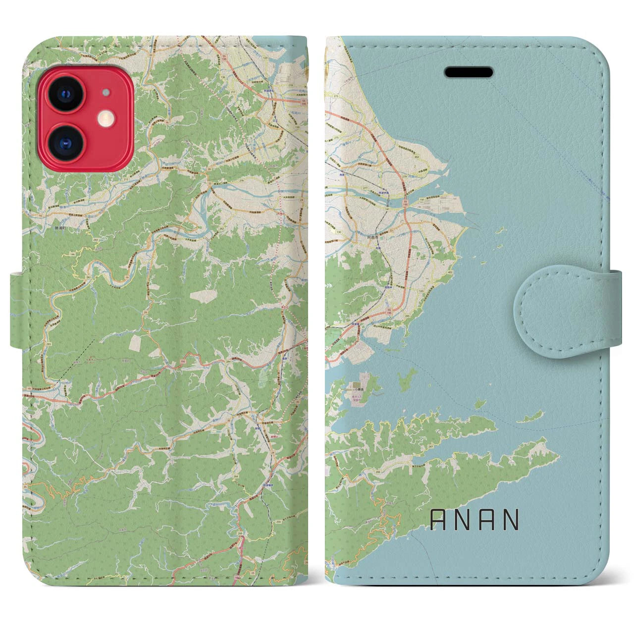 【阿南(徳島県)】地図柄iPhoneケース(手帳タイプ)ナチュラル・iPhone 11 用