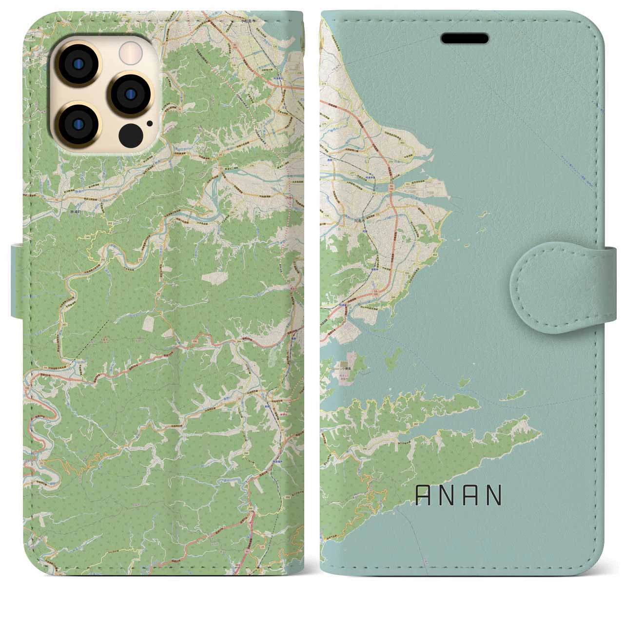 【阿南(徳島県)】地図柄iPhoneケース(手帳タイプ)ナチュラル・iPhone 12 Pro Max 用