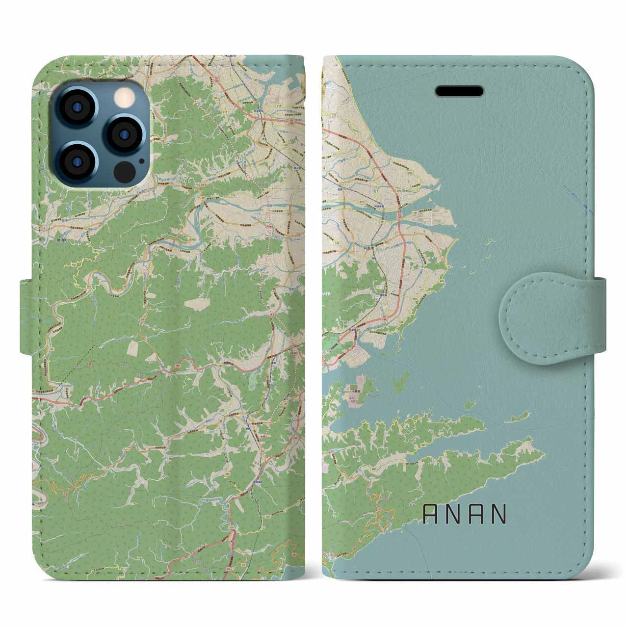 【阿南(徳島県)】地図柄iPhoneケース(手帳タイプ)ナチュラル・iPhone 12 / 12 Pro 用