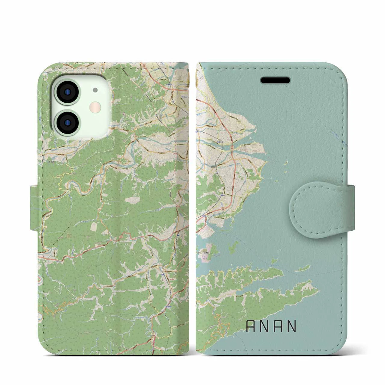 【阿南(徳島県)】地図柄iPhoneケース(手帳タイプ)ナチュラル・iPhone 12 mini 用