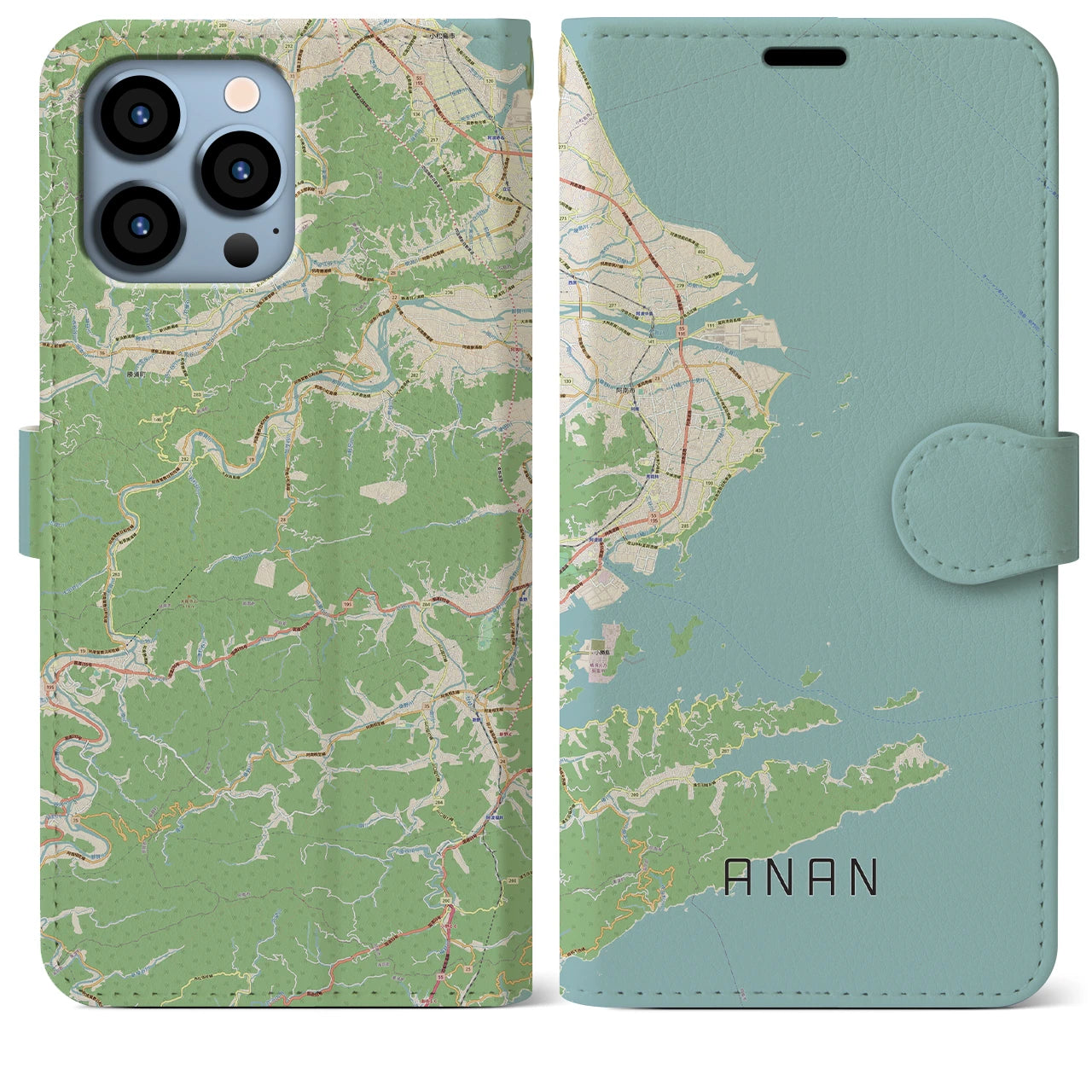 【阿南(徳島県)】地図柄iPhoneケース(手帳タイプ)ナチュラル・iPhone 13 Pro Max 用