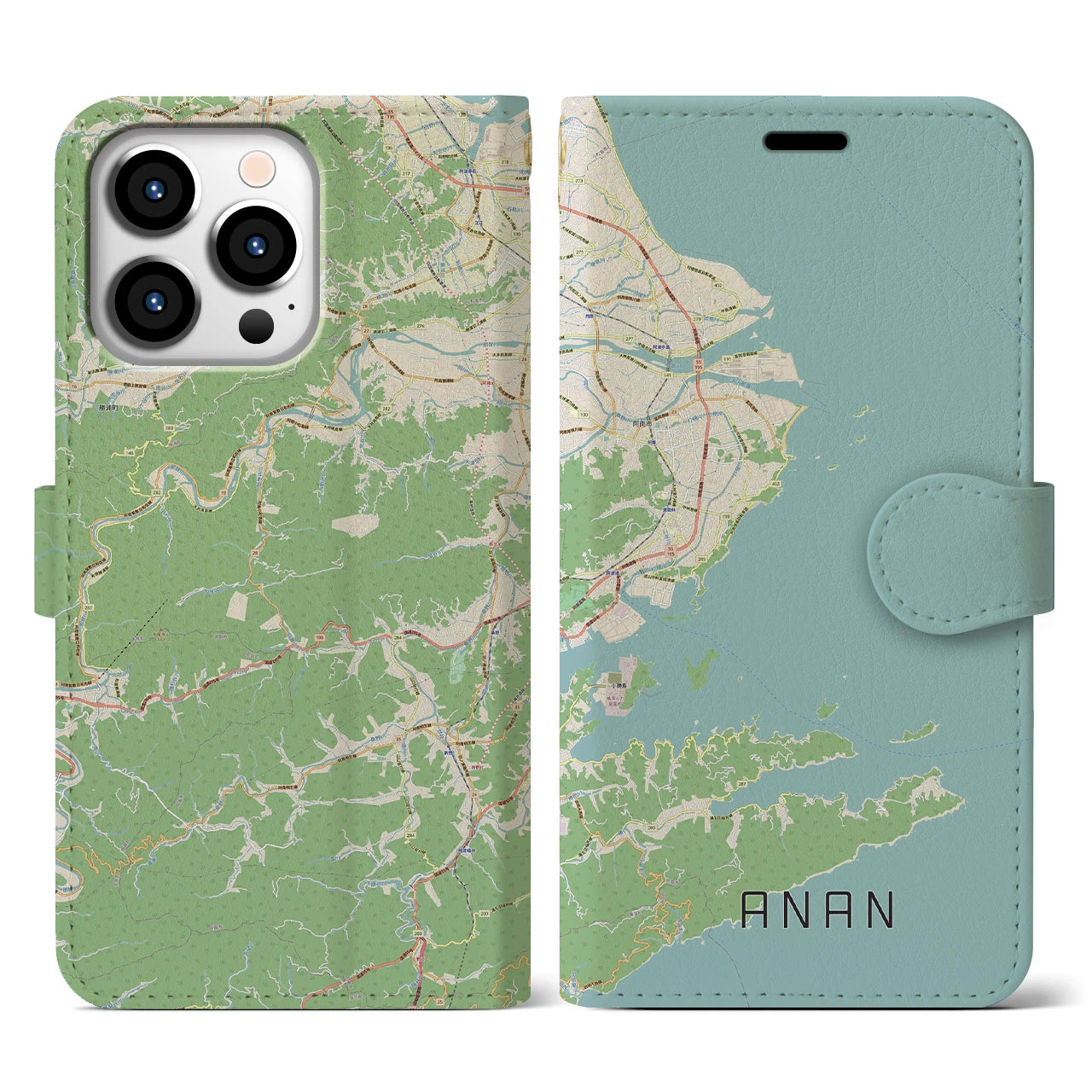 【阿南(徳島県)】地図柄iPhoneケース(手帳タイプ)ナチュラル・iPhone 13 Pro 用