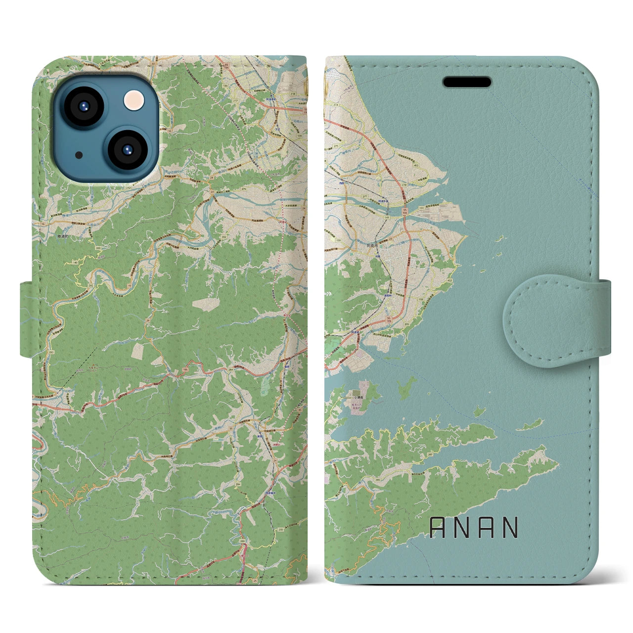 【阿南(徳島県)】地図柄iPhoneケース(手帳タイプ)ナチュラル・iPhone 13 用