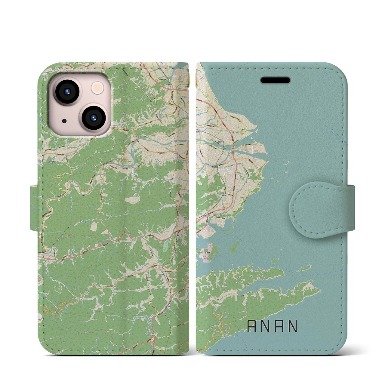 【阿南(徳島県)】地図柄iPhoneケース(手帳タイプ)ナチュラル・iPhone 13 mini 用
