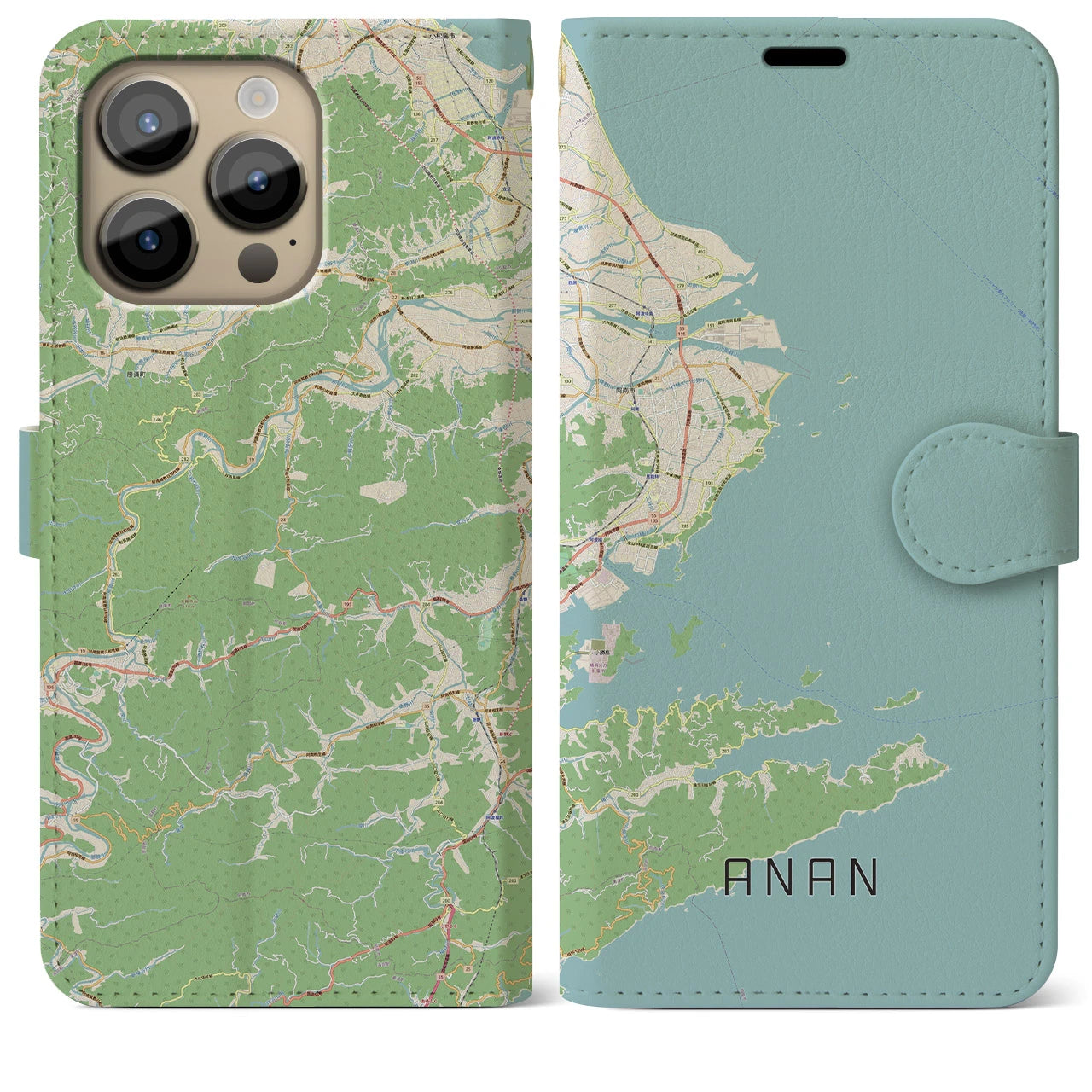 【阿南(徳島県)】地図柄iPhoneケース(手帳タイプ)ナチュラル・iPhone 14 Pro Max 用