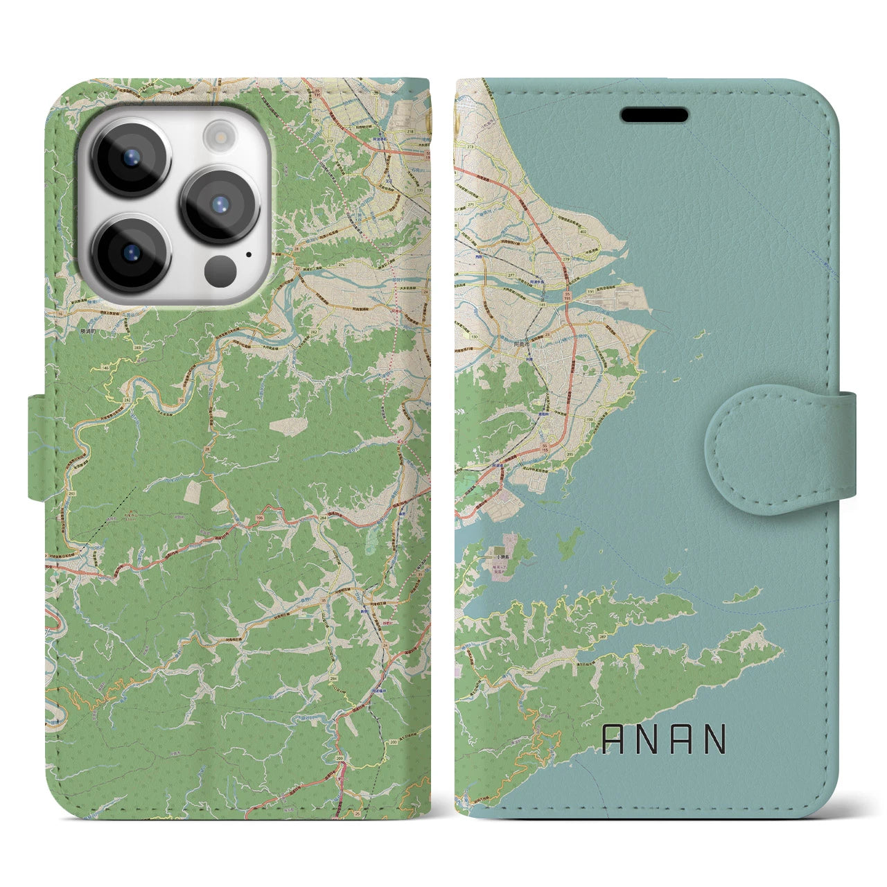 【阿南(徳島県)】地図柄iPhoneケース(手帳タイプ)ナチュラル・iPhone 14 Pro 用