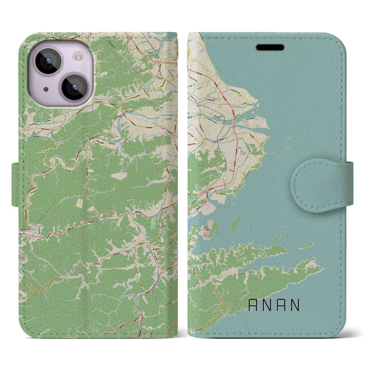 【阿南(徳島県)】地図柄iPhoneケース(手帳タイプ)ナチュラル・iPhone 14 用