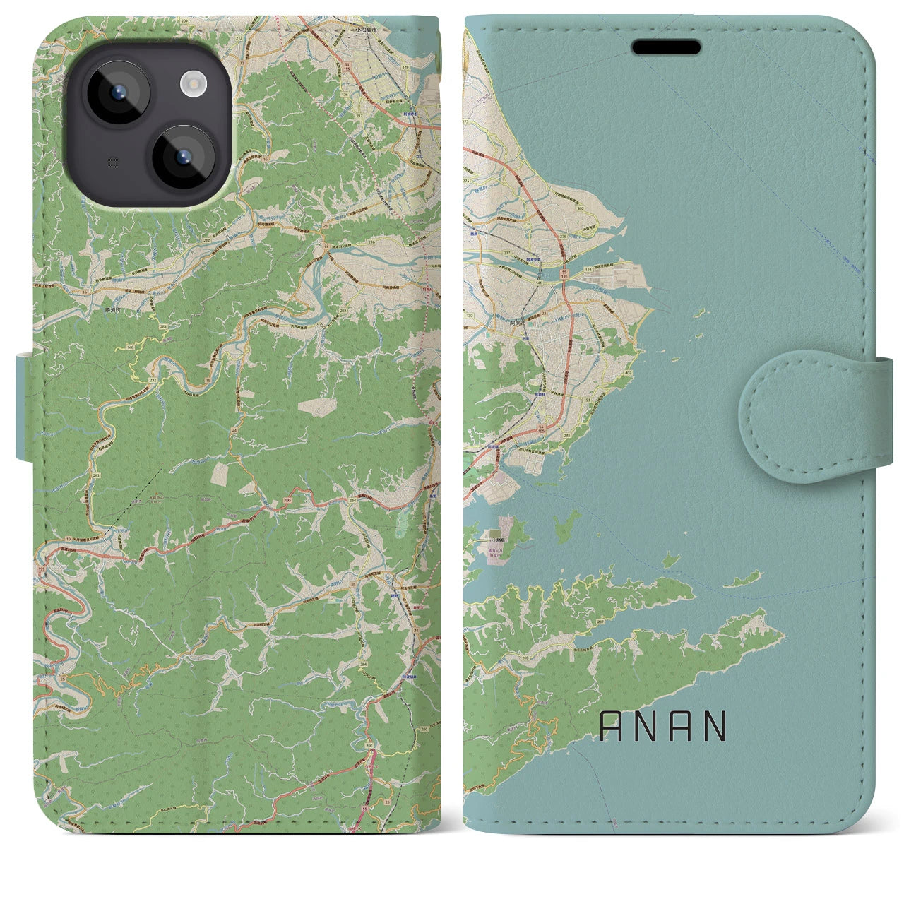 【阿南(徳島県)】地図柄iPhoneケース(手帳タイプ)ナチュラル・iPhone 14 Plus 用