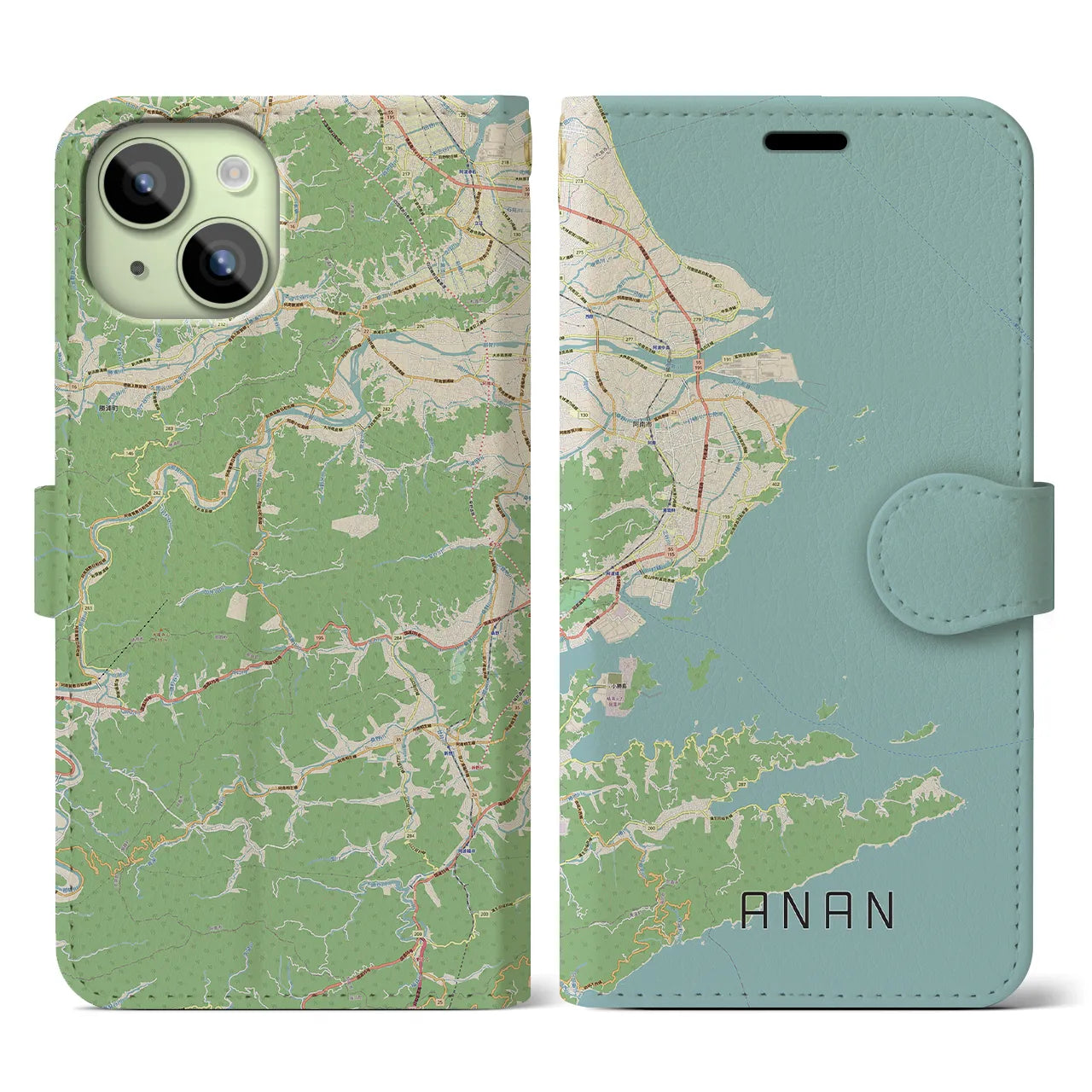 【阿南(徳島県)】地図柄iPhoneケース(手帳タイプ)ナチュラル・iPhone 15 用