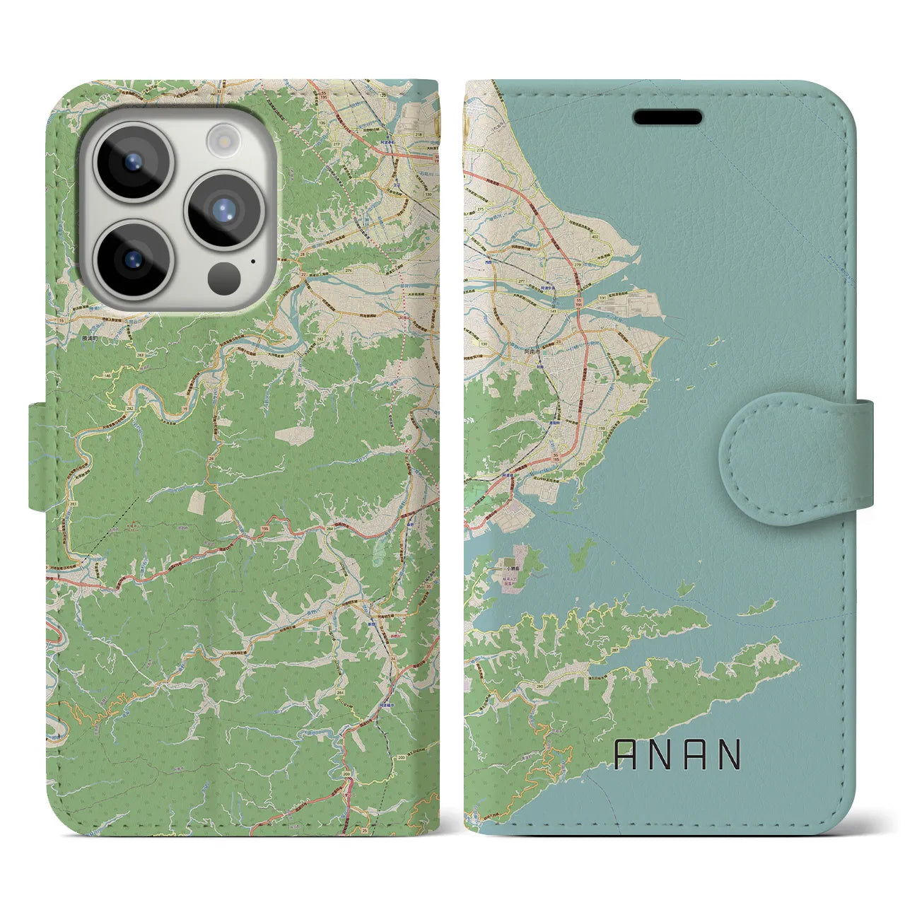 【阿南(徳島県)】地図柄iPhoneケース(手帳タイプ)ナチュラル・iPhone 15 Pro 用