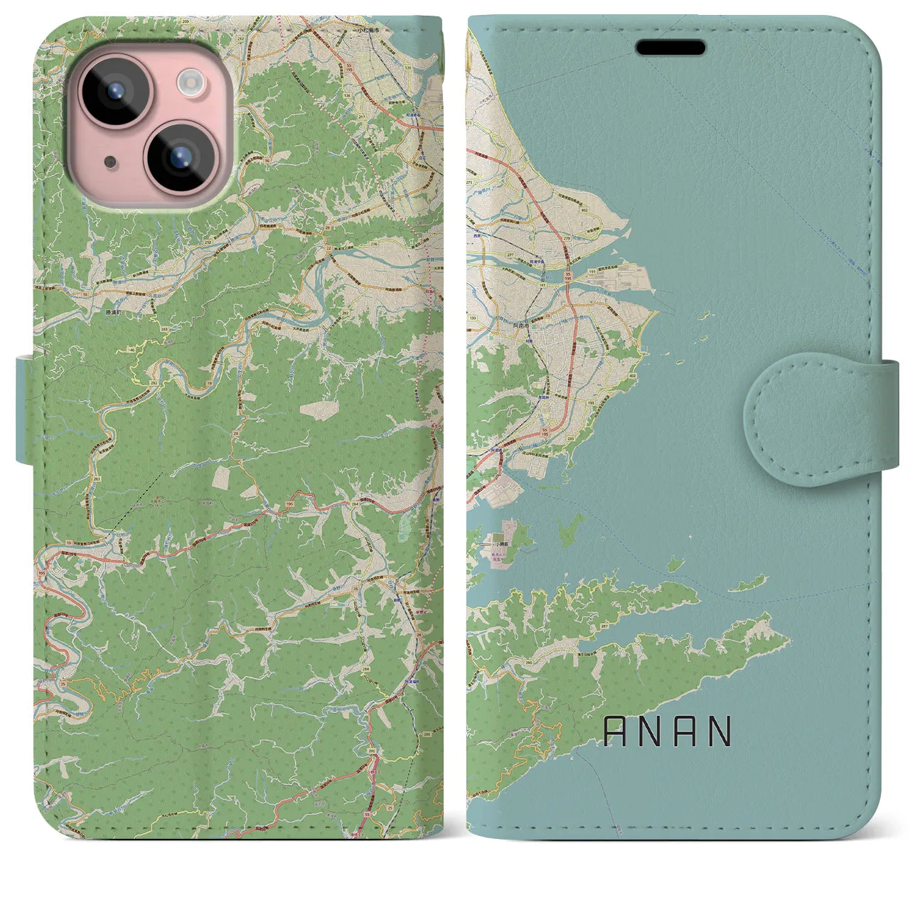 【阿南(徳島県)】地図柄iPhoneケース(手帳タイプ)ナチュラル・iPhone 15 Plus 用