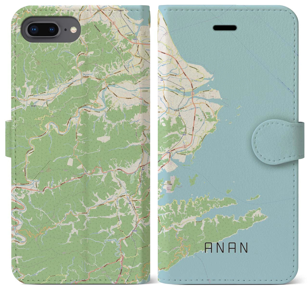 【阿南(徳島県)】地図柄iPhoneケース(手帳タイプ)ナチュラル・iPhone 8Plus /7Plus / 6sPlus / 6Plus 用