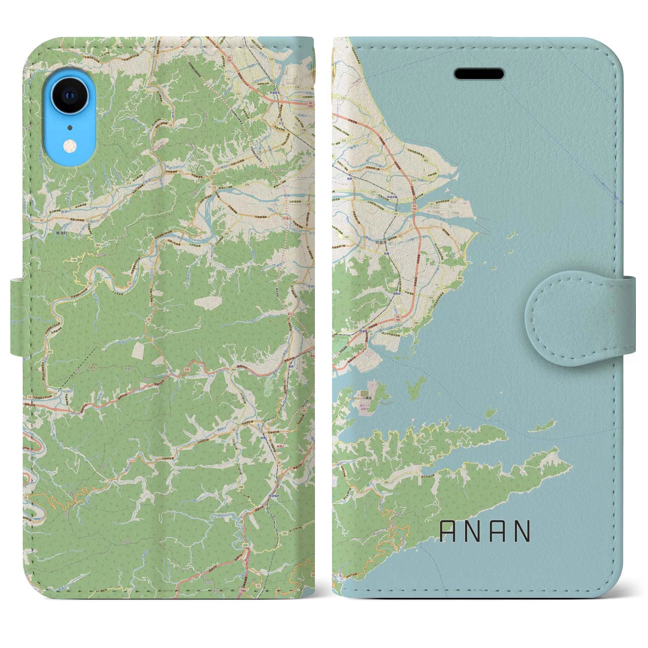【阿南(徳島県)】地図柄iPhoneケース(手帳タイプ)ナチュラル・iPhone XR 用