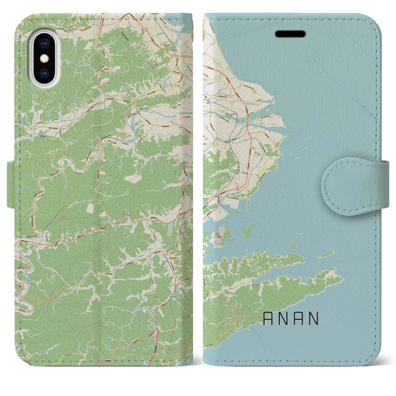 【阿南(徳島県)】地図柄iPhoneケース(手帳タイプ)ナチュラル・iPhone XS Max 用