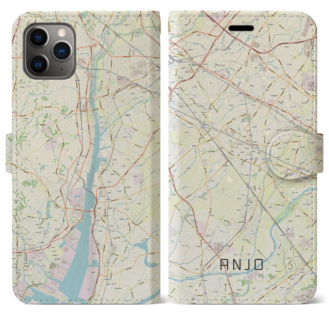 【安城(愛知県)】地図柄iPhoneケース(手帳タイプ)ナチュラル・iPhone 11 Pro Max 用