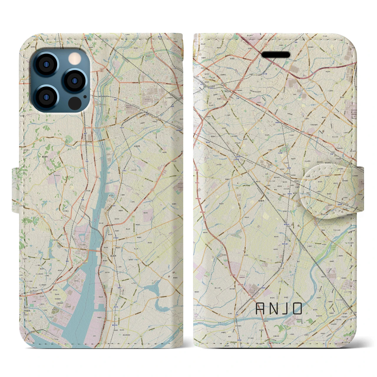 【安城(愛知県)】地図柄iPhoneケース(手帳タイプ)ナチュラル・iPhone 12 / 12 Pro 用